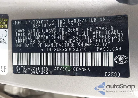 2005 Toyota Camry Le from USA, damaged, VIN 4T1BE30K35U023510